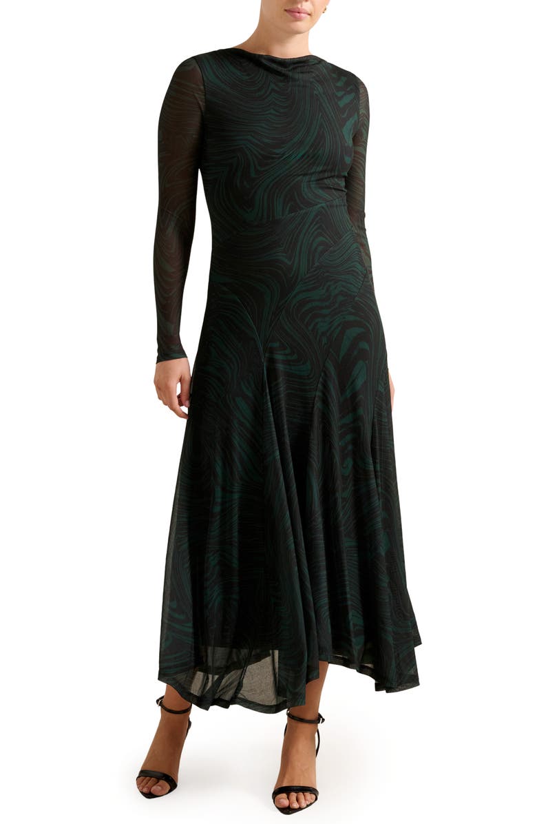 Ever New Tanny Long Sleeve Asymmetric Hem Mesh Midi Dress, Main, color, Green Kallara