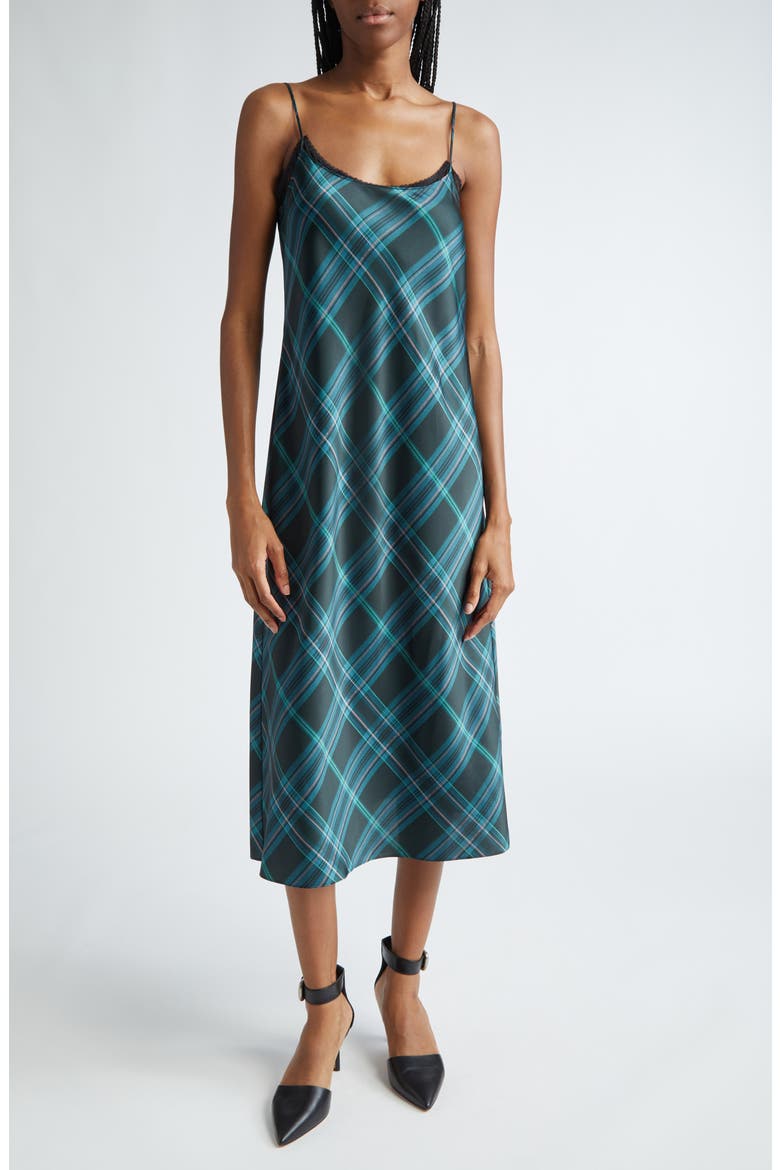 Plaid Satin Midi Slipdress, Main, color, JADE ONYX