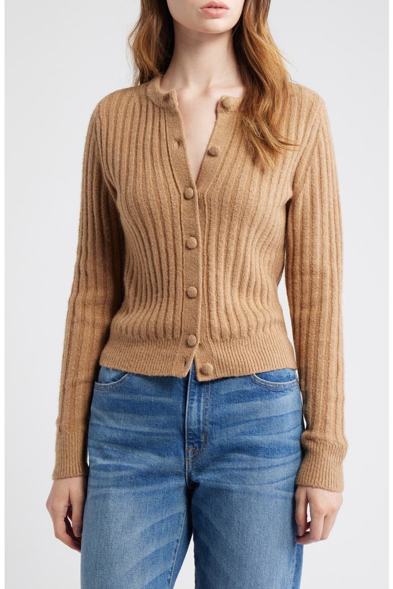 Rib Cotton & Merino Wool Blend Cardigan, Main, color, HEATHER CARAMEL