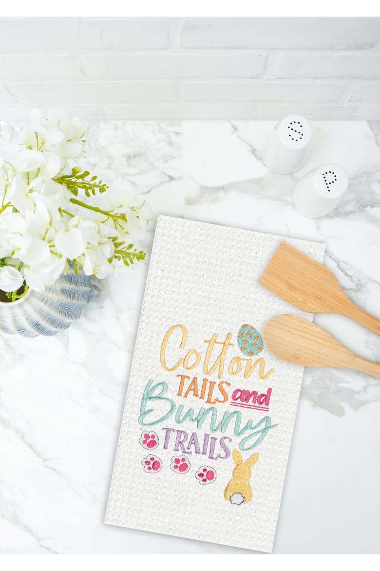 "Cotton Tails & Bunny Trails" Easter Rabbit Embroidered Cotton Waffle Weave Kitchen Dishtowel, Alternate, color, White