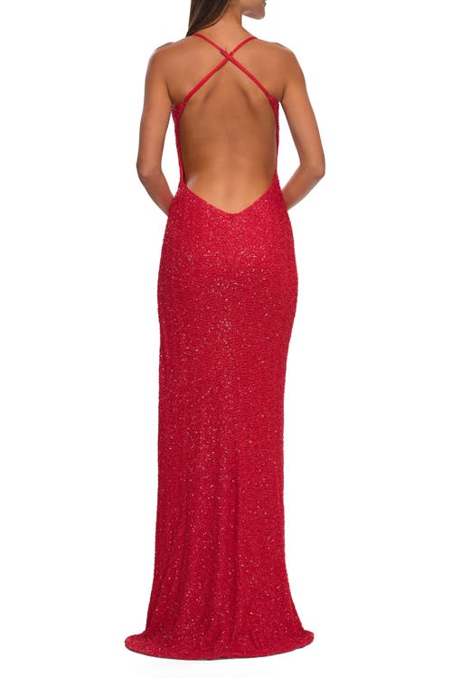 La Femme Stretch Sequin Dress With Open Back In Hot Coral