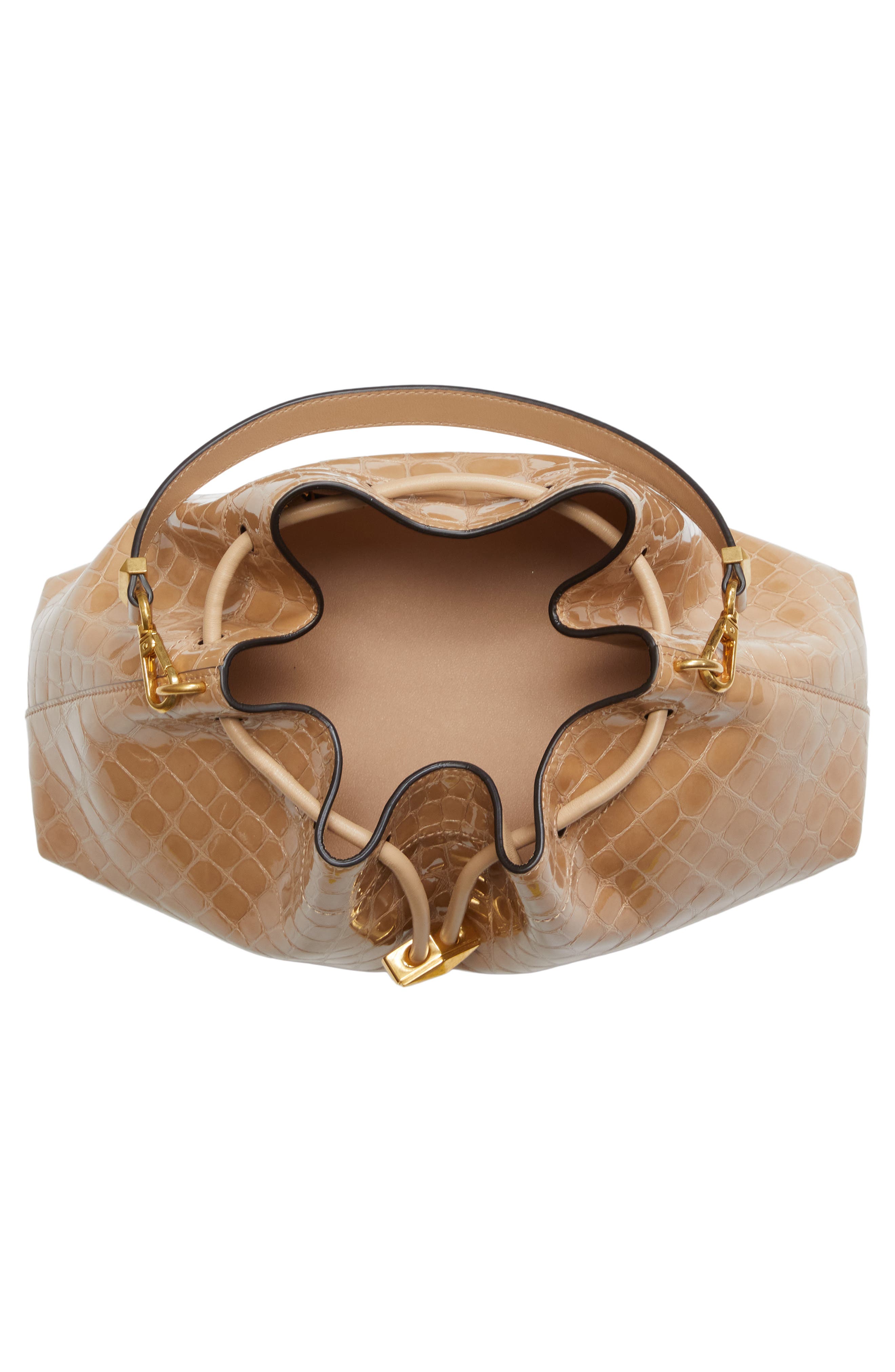 Jimmy Choo Cinch M Croc Embossed Patent Leather Bucket Bag, Alternate, color, Chai/ Gold