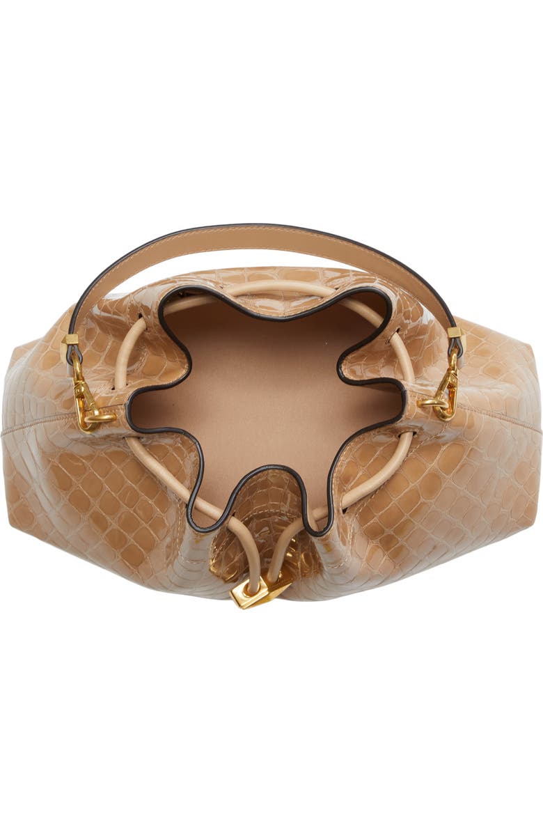 Jimmy Choo Cinch M Croc Embossed Patent Leather Bucket Bag, Alternate, color, Chai/ Gold