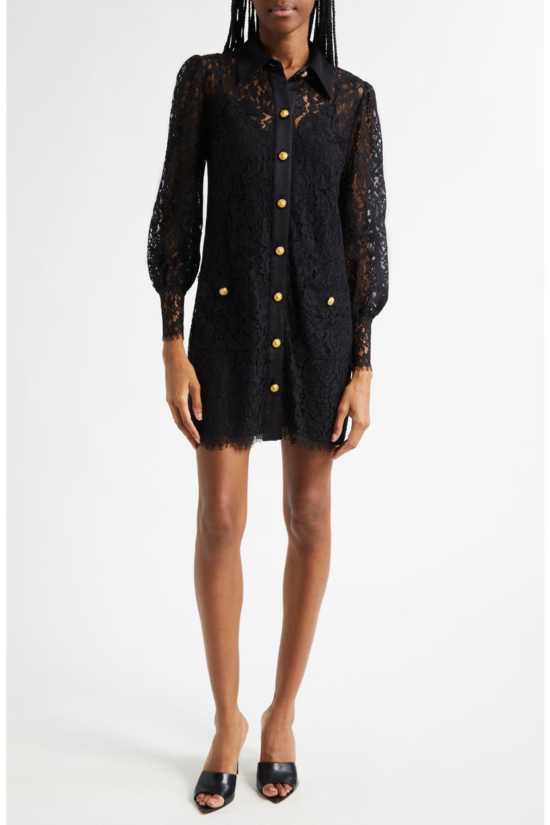 Sakura Lace Long Sleeve Mini Shirtdress, Main, color, BLACK