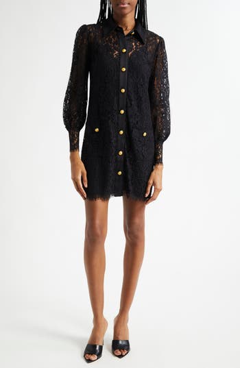 L'agence Sakura Lace Long Sleeve Mini Shirtdress In Black