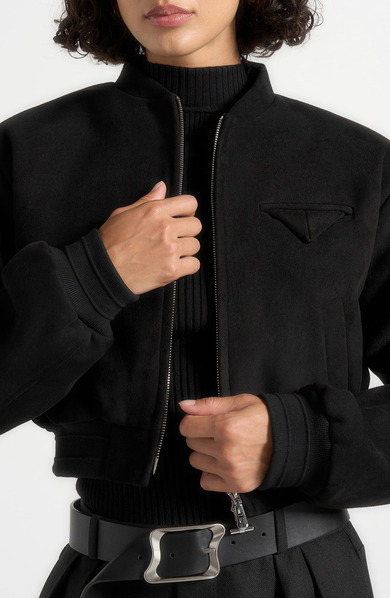 Manière De Voir Monique Suede Wide Shoulder Bomber Jacket, Main, color, Black