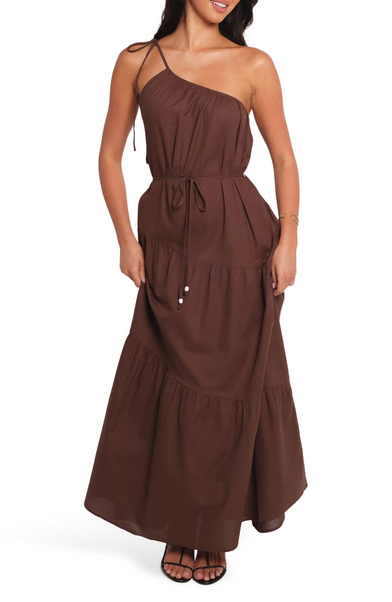 Petal & Pup Hilde One-Shoulder Cotton & Linen Maxi Dress, Main, color, Chocolate