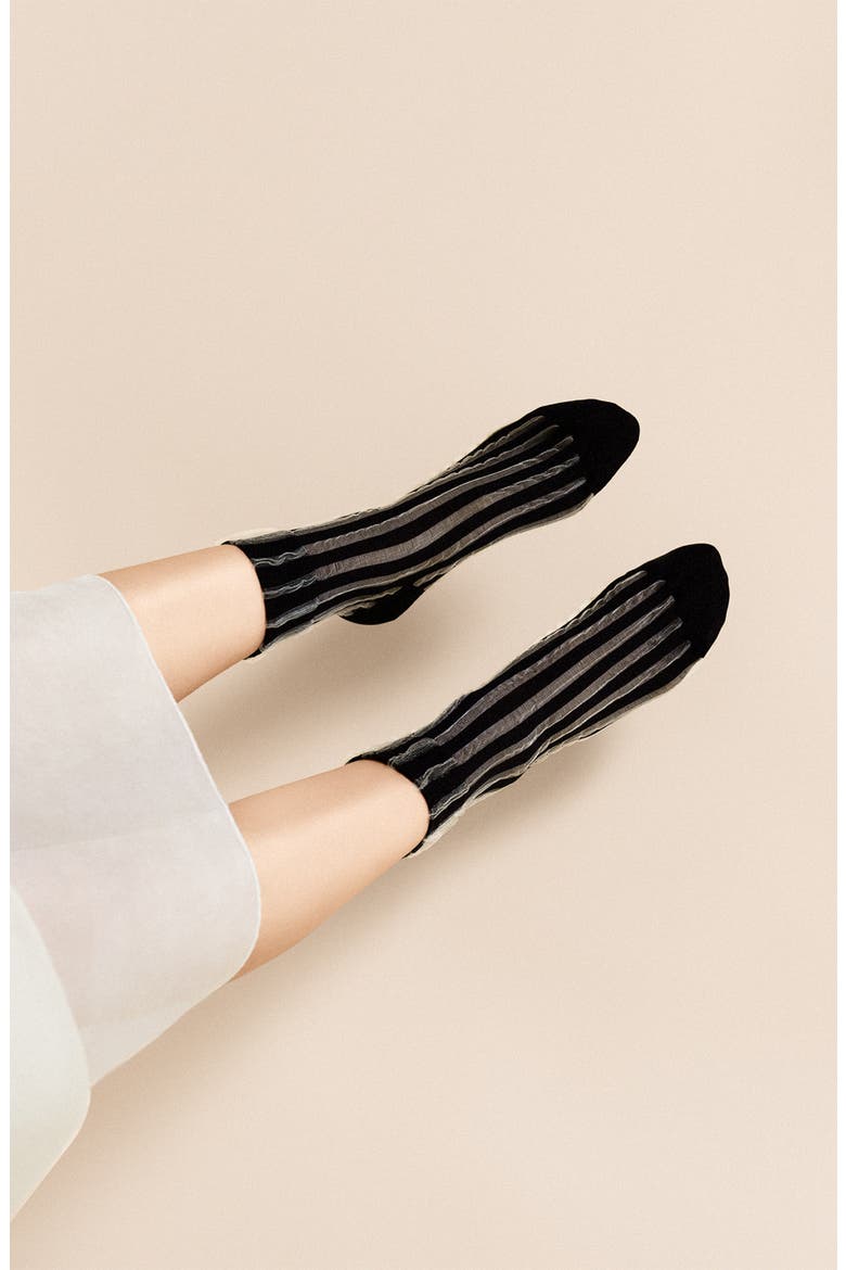 Mykonos Stripe Sheer Crew Socks, Alternate, color, BLACK