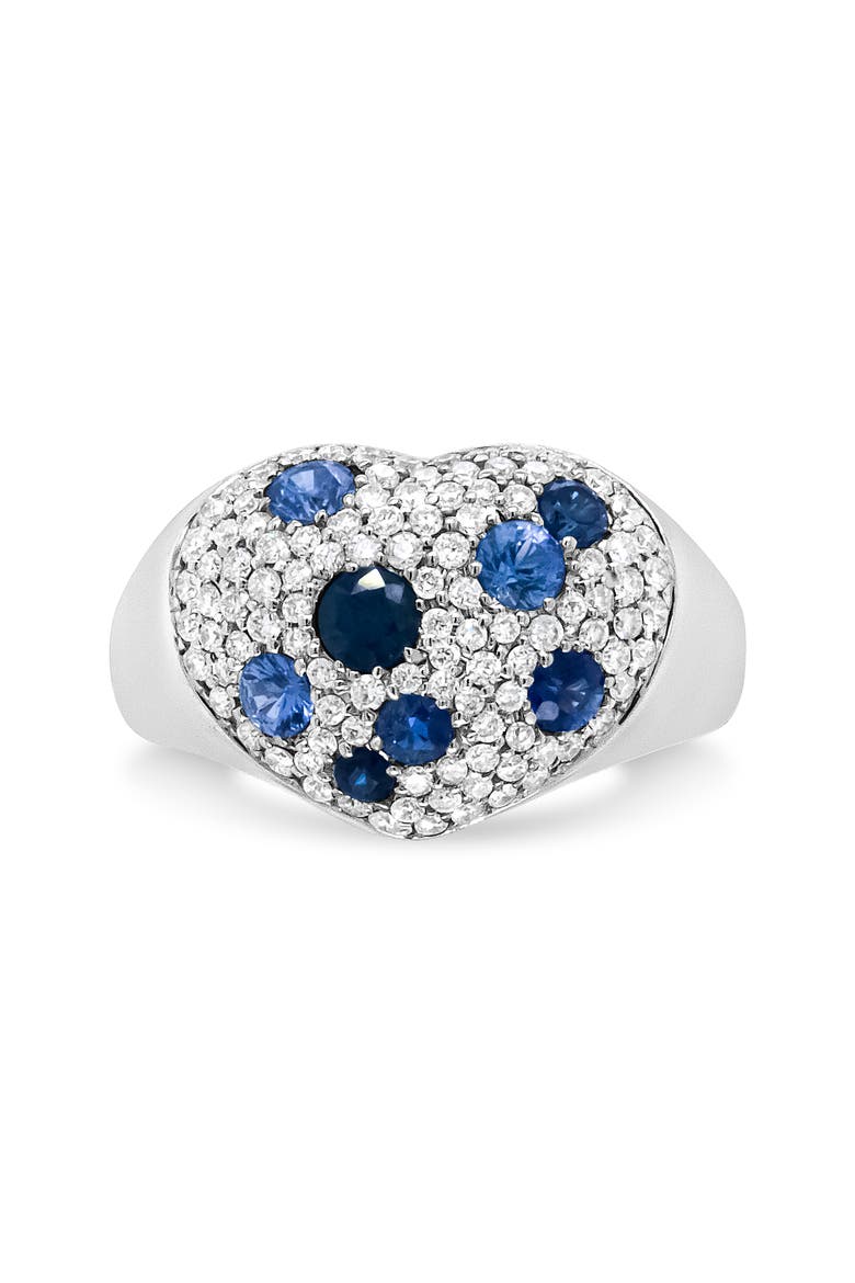 18K White Gold Blue Sapphire and 5/8 Cttw Diamond Cluster Heart Shaped Ring, Main, color, White