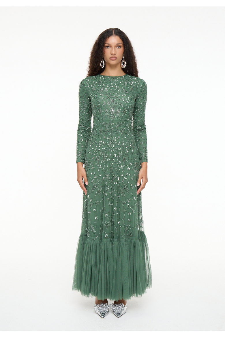 Modest Embellished Sequin Beaded Dress Maxi With Long Cape, Main, color, DARK GREEN