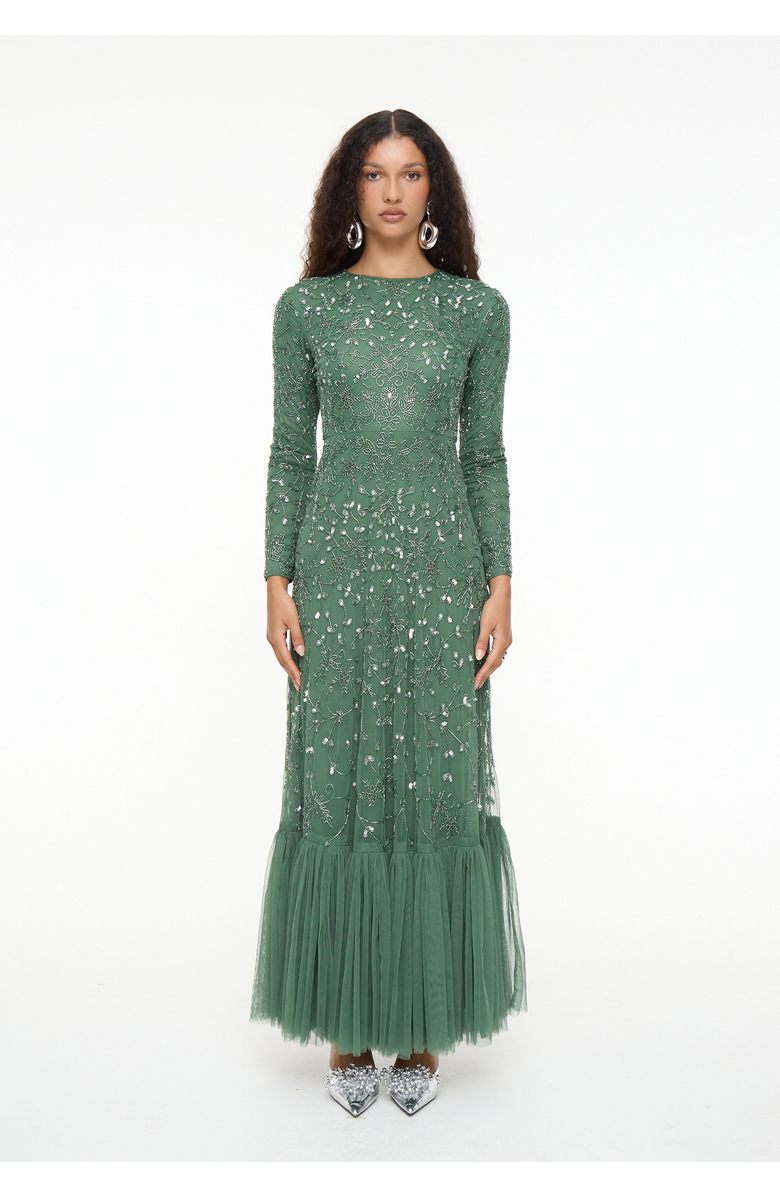 MARYISA Modest Embellished Sequin Beaded Dress Maxi With Long Cape, Main, color, Dark Green