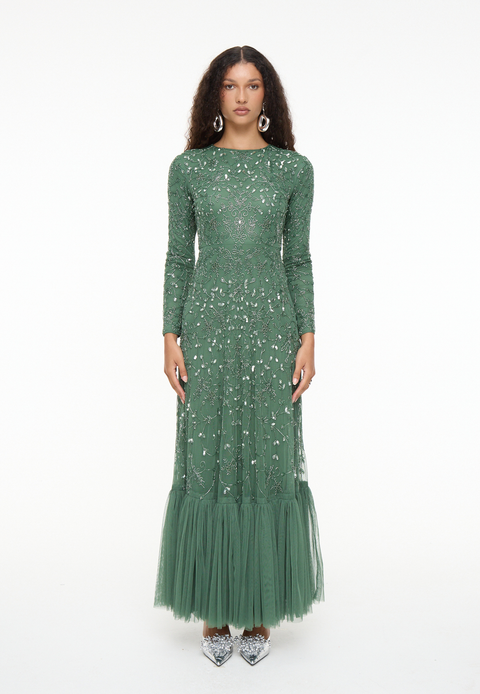 Modest Embellished Sequin Beaded Dress Maxi With Long Cape