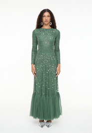 MARYISA Modest Embellished Sequin Beaded Dress Maxi With Long Cape