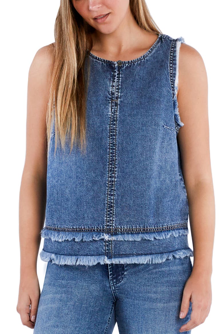 Sleeveless Layered Fray Hem Denim Top, Main, color, BLUE SURF