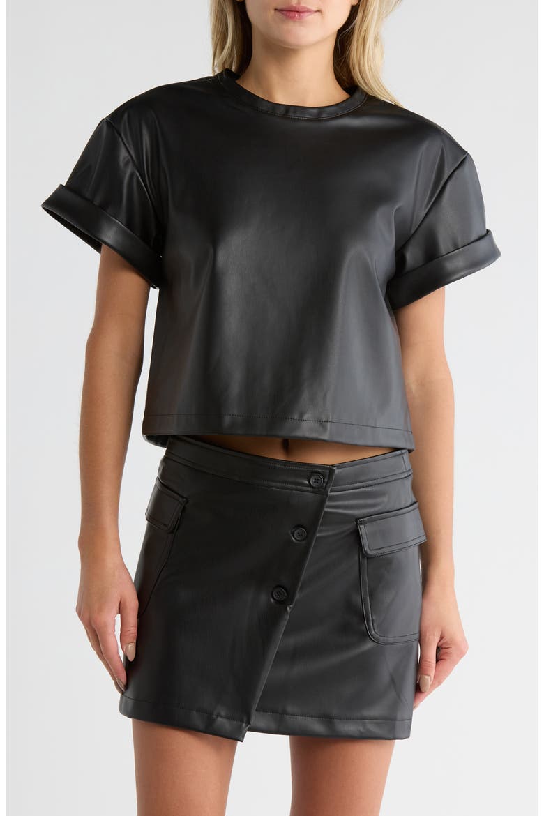 Faux Leather Short Sleeve T-Shirt, Main, color, BLACK