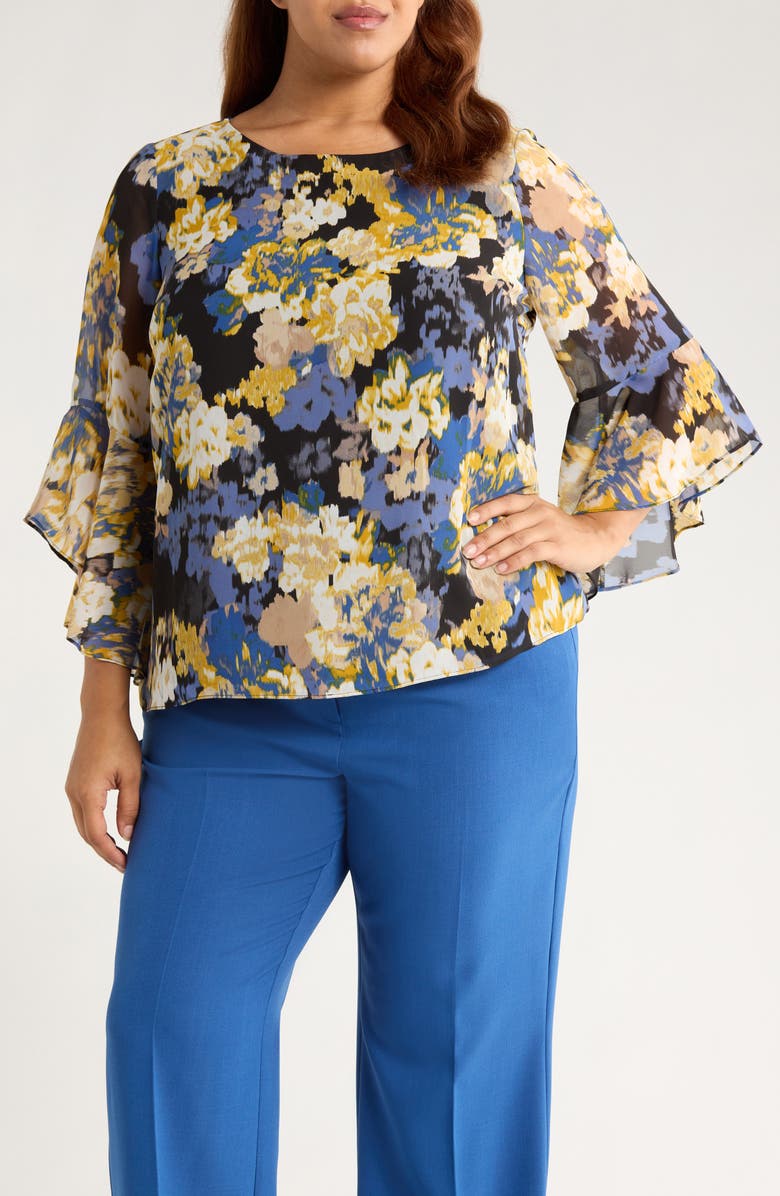 KASPER Ruffle Sleeve Top, Main, color, Black Multi