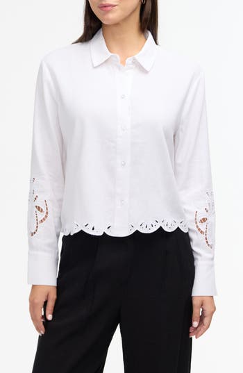 Ellen Tracy Eyelet Inset Button-up Shirt In White