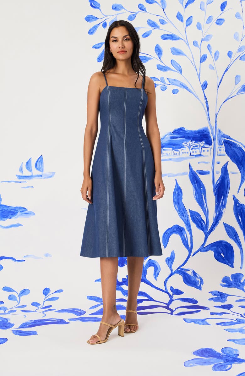 Maggy London Seam Detail Fit & Flare Midi Dress, Alternate, color, Denim