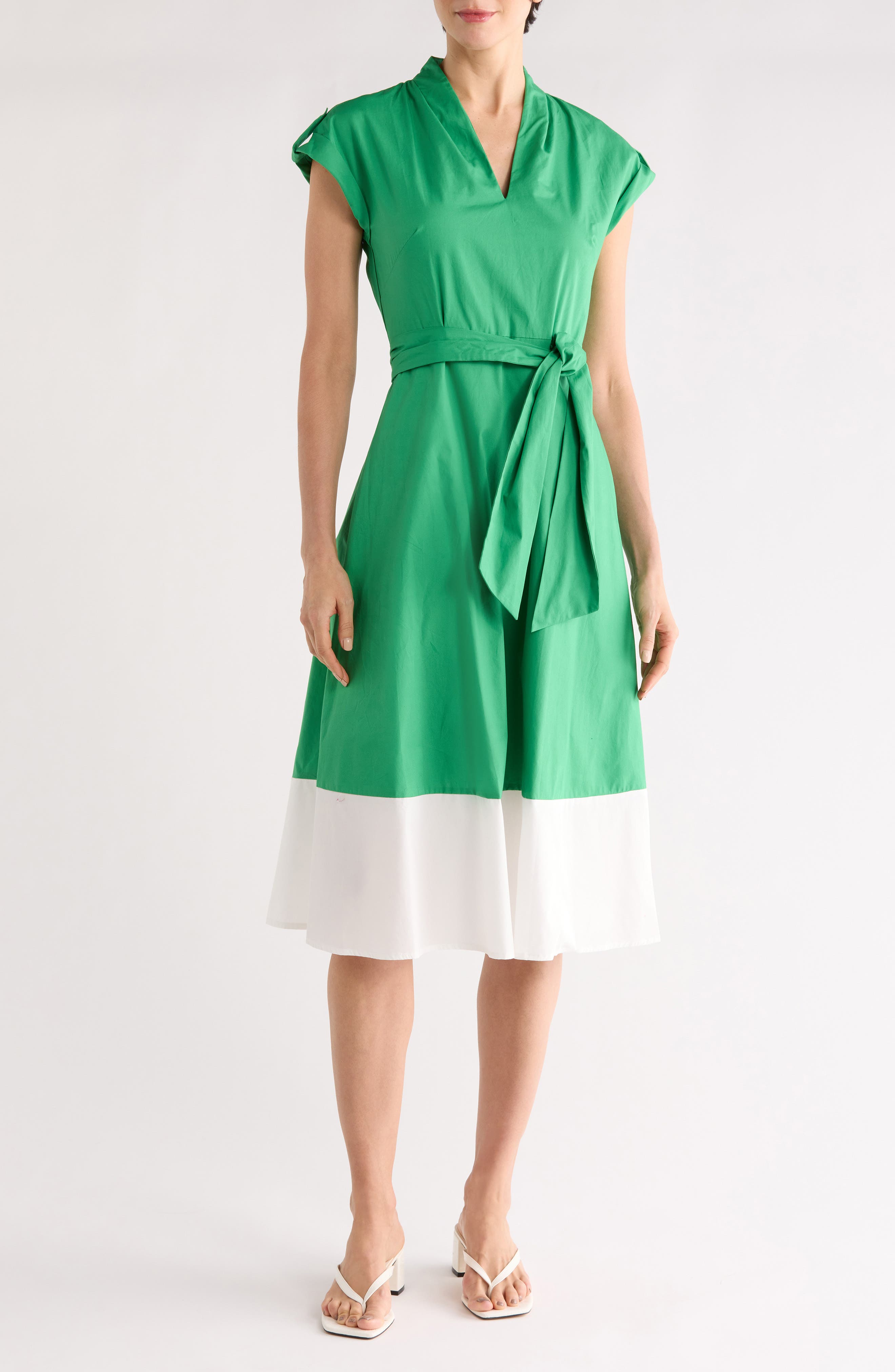 Vince Camuto Colorblock Cap Sleeve Cotton Poplin Midi Dress