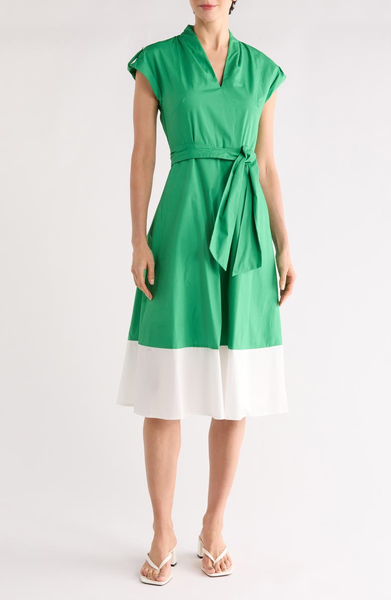 Vince Camuto Colorblock Cap Sleeve Cotton Poplin Midi Dress, Main, color, Green
