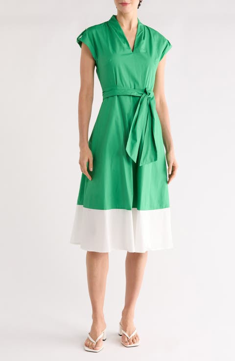 Colorblock Cap Sleeve Cotton Poplin Midi Dress