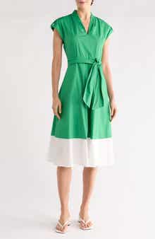 Vince Camuto Colorblock Cap Sleeve Cotton Poplin Midi Dress