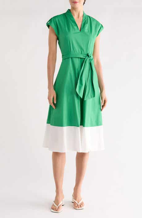 Vince Camuto Colorblock Cap Sleeve Cotton Poplin Midi Dress