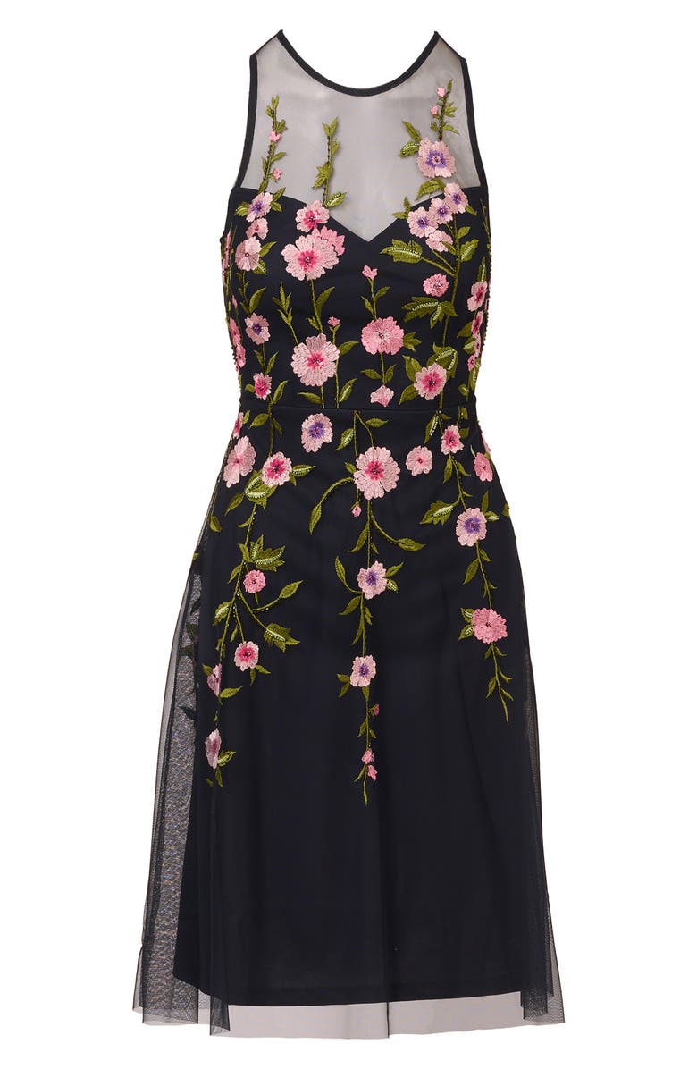 Adrianna Papell Floral Embroidered High-Low Midi Dress, Alternate, color, Midnight Multi