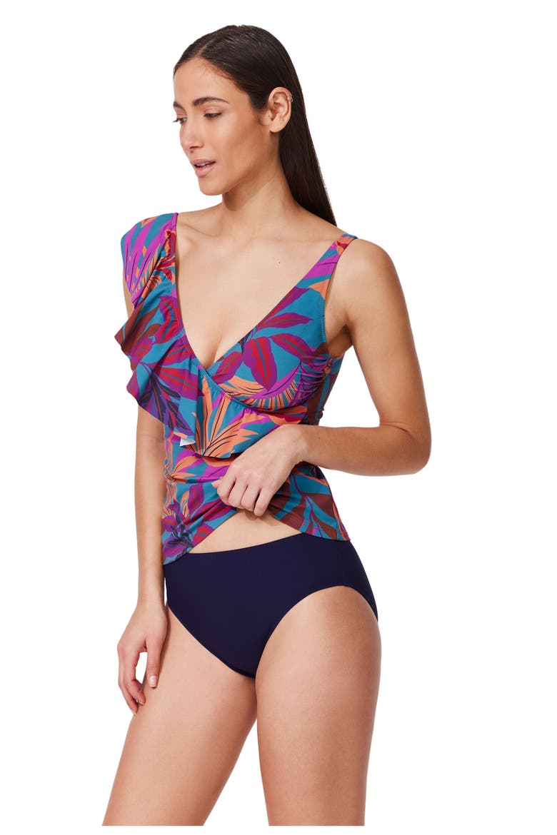 Plantopia Ruffle V Neck Surplice Tankini, Alternate, color, Multi-Teal