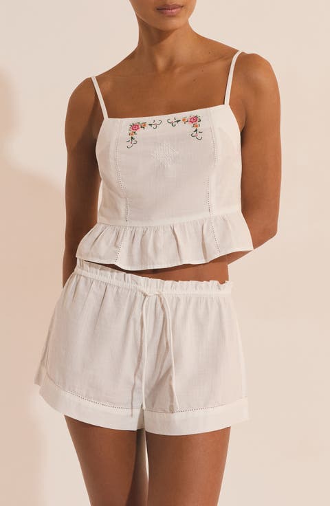 Orphee Embroidered Crop Cotton Pajama Camisole