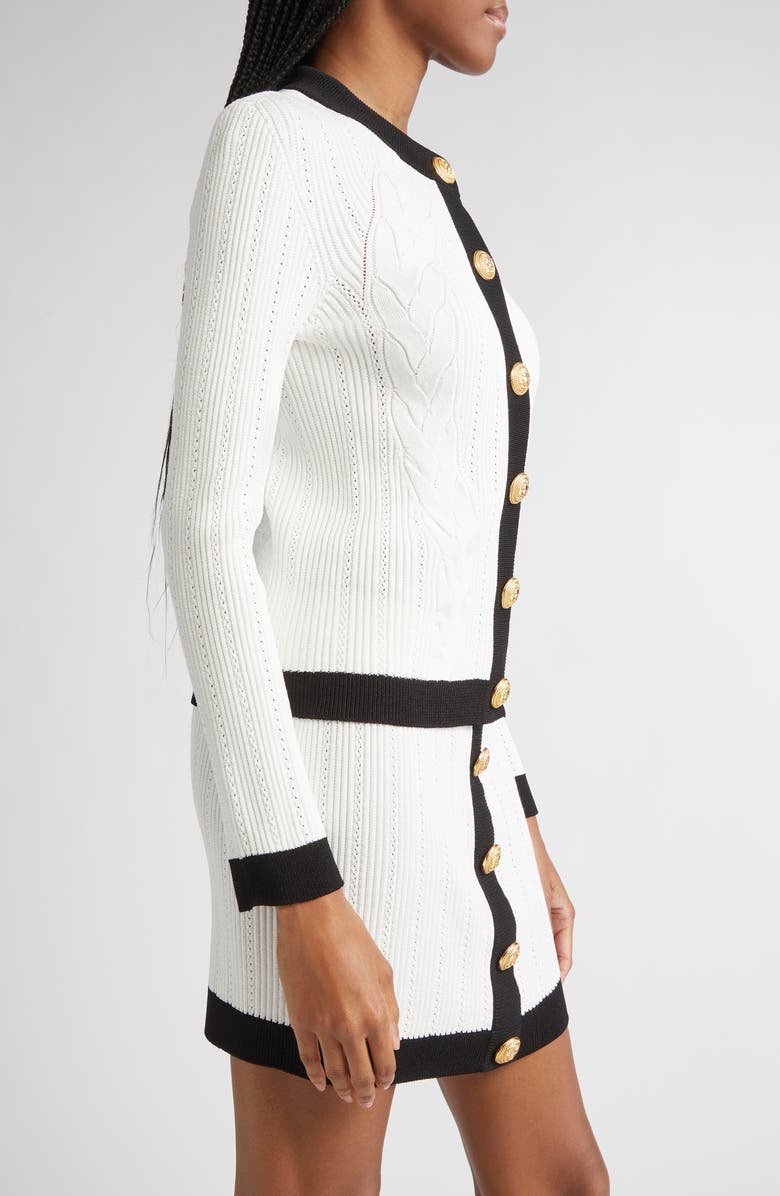 Balmain Twisted Cable Knit Cardigan, Alternate, color, Gab White/ Black
