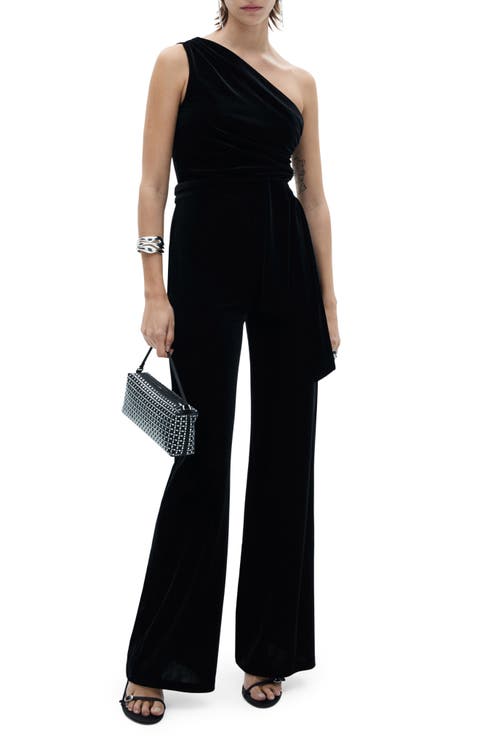 One-Shoulder Velvet Wide Leg Jumpsuit