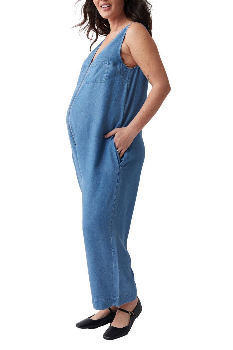 Zip Chambray Maternity Jumpsuit, Alternate, color, MEDIUM WASH CHAMBRAY