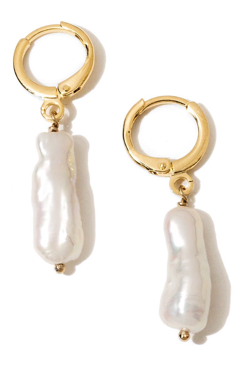 Alexandria Cultured Pearl Drop Huggie Hoop Earrings, Main, color, GOLD