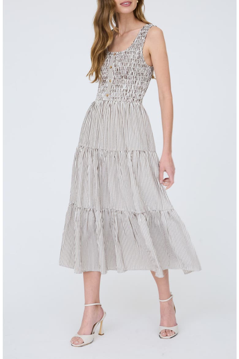 Stripe Sleeveless Smocked Tiered Midi Dress, Alternate, color, BROWN