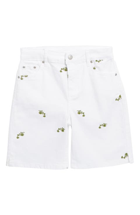 Kids' Embroidered Denim Bermuda Shorts (White Green Floral) (Big Kid)
