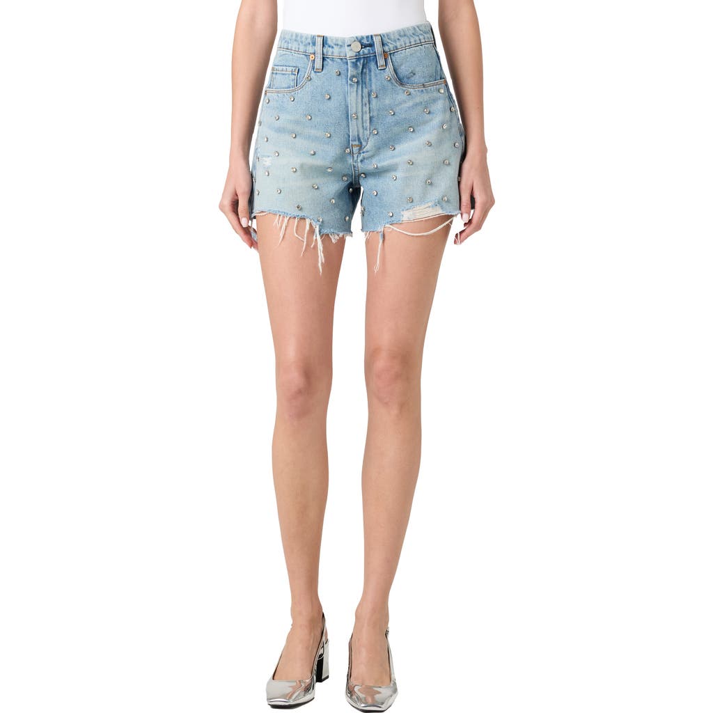 Blanknyc Rhinestone High Waist Cutoff Denim Shorts In Set In Stone