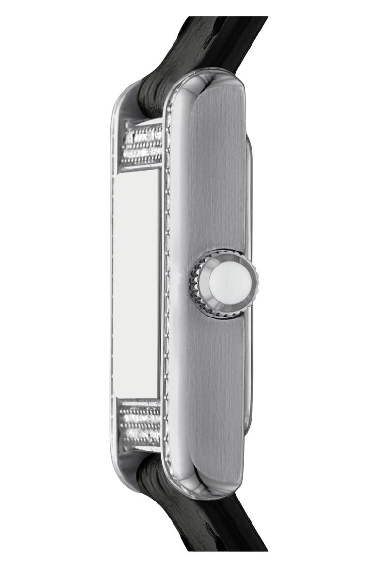 Crystal Bezel Tank Leather Strap Watch, 20mm x 26mm, Alternate, color, BLACK