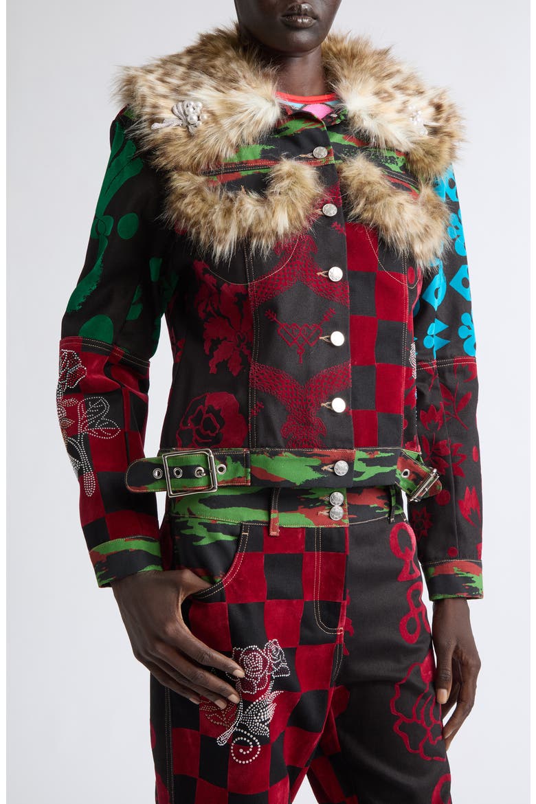 Faux Fur Trim Patchwork Denim Jacket, Alternate, color, MULTI