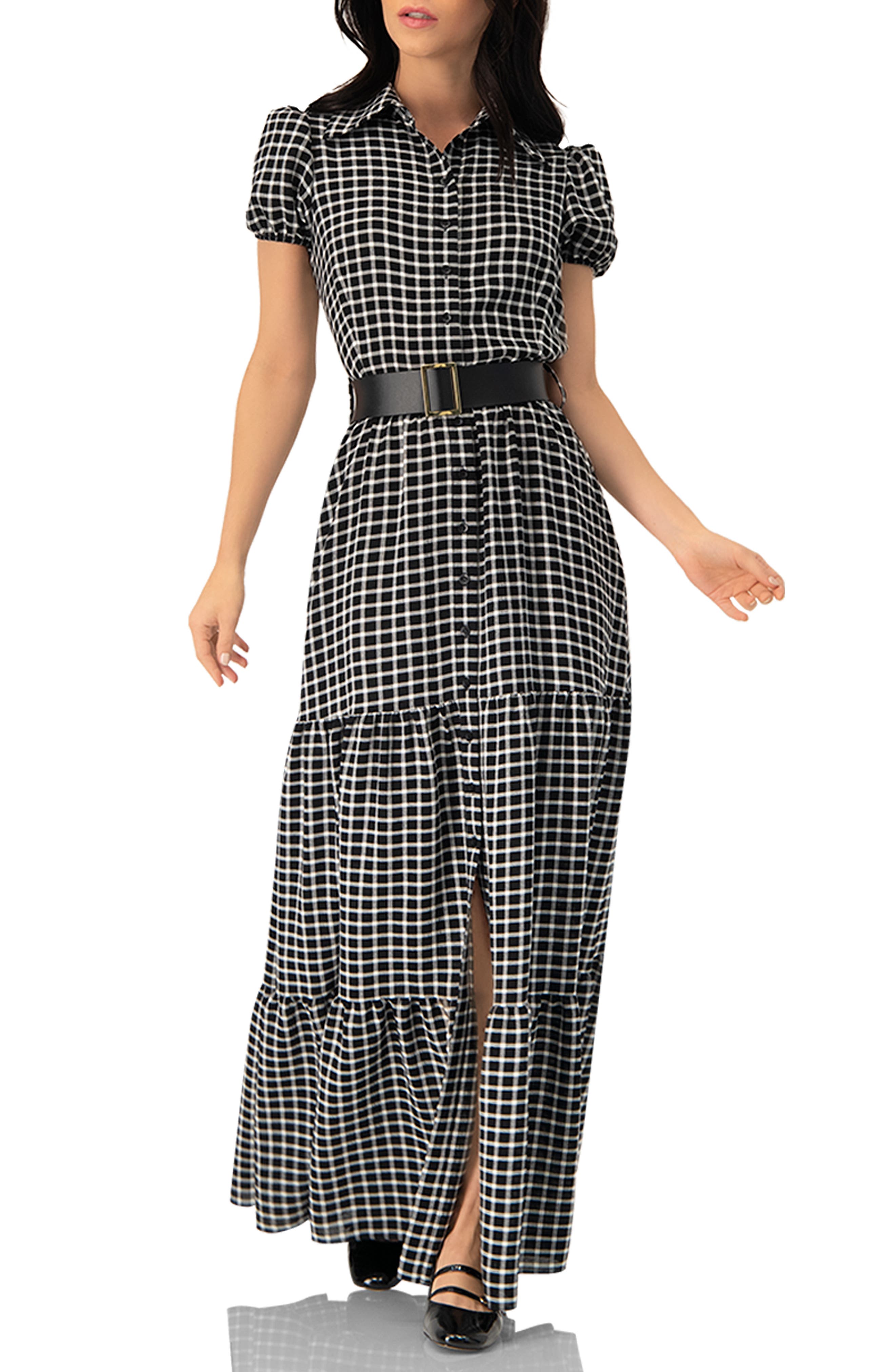 Check Maxi Dress with Puff Sleeves