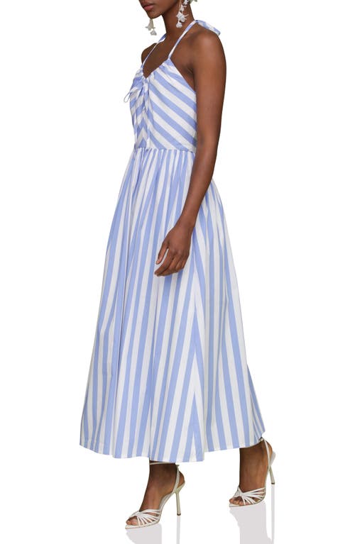 Avec Les Filles Stripe Halter Neck Cotton Blend Midi Dress In Bluewhite Stripe