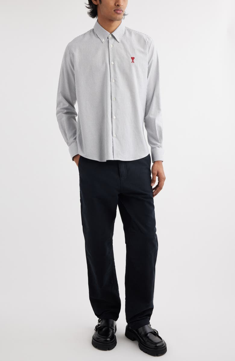 AMI PARIS Ami de Coeur Stripe Cotton Oxford Button-Down Shirt, Alternate, color, Black/Natural White/039