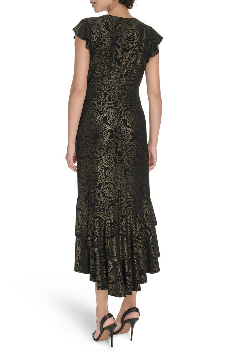 Tommy Hilfiger Floral Flutter Sleeve Empire Waist Midi Dress, Alternate, color, Black/ Gold