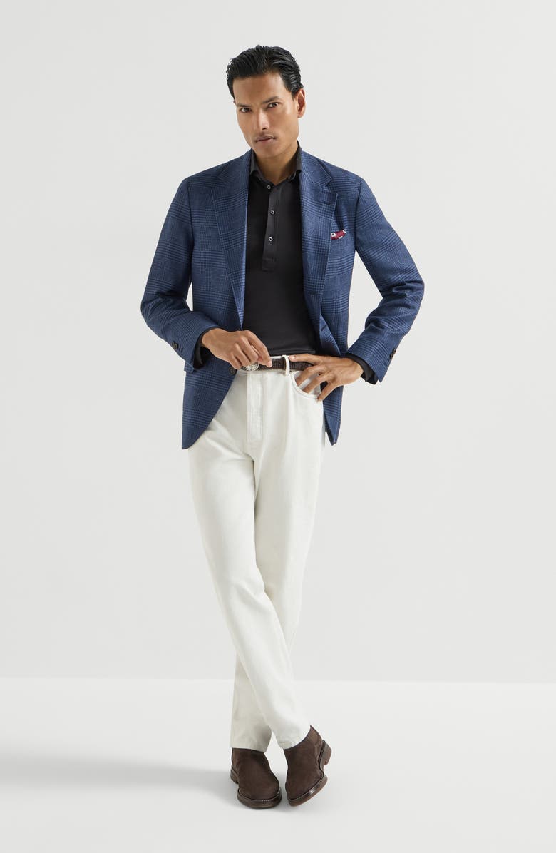 Brunello Cucinelli Silk and cotton lightweight jersey long sleeve polo with shirt-style collar, Alternate, color, Navy Blue