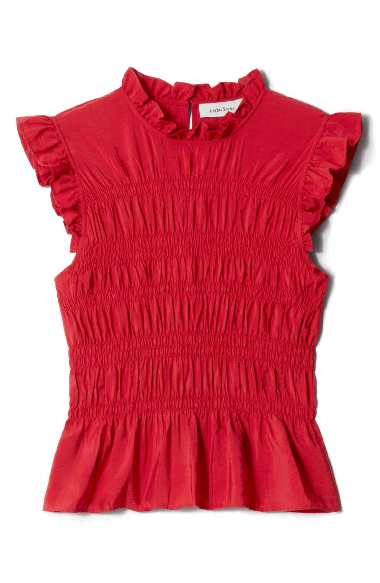 & Other Stories Smocked Ruffle Trim Top, Alternate, color, Red Medium