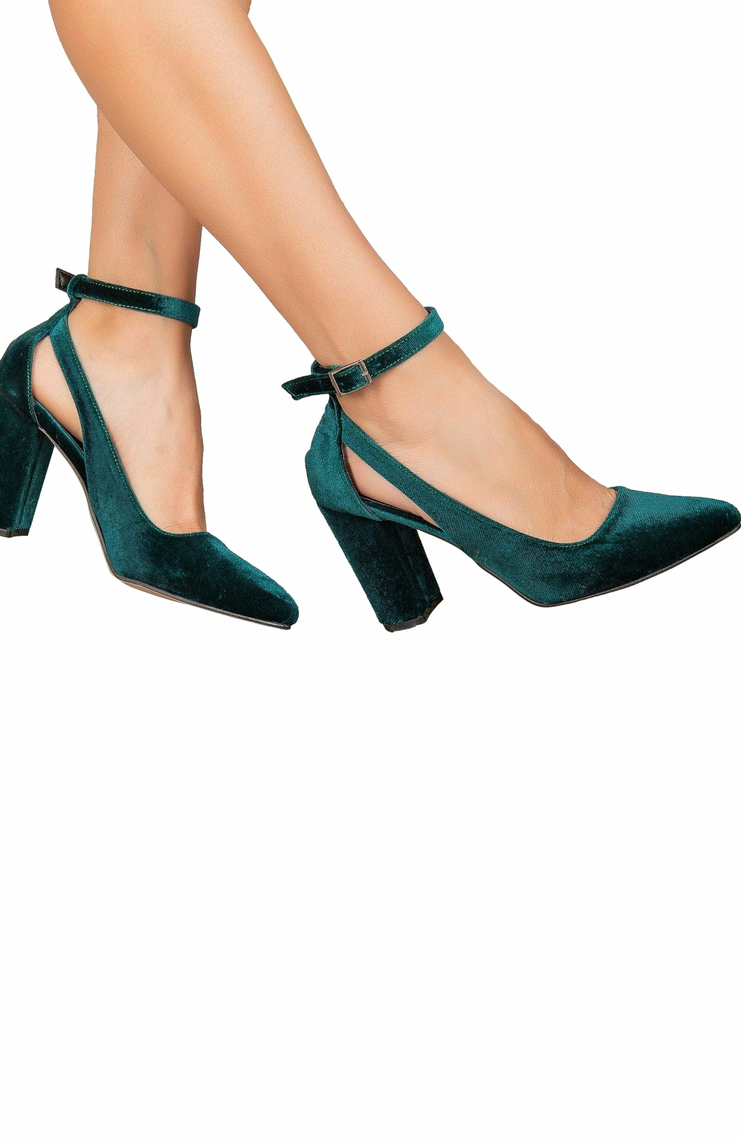 Forever & Always Shoes Colette Pointed Toe High Block Heels, Alternate, color, Emerald Green Velvet