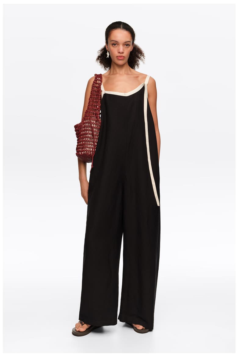 Straight Jumpsuit With Contrasting Straps, Alternate, color, BLACK