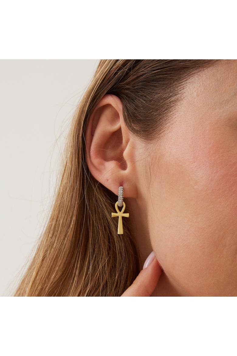 Sterling Silver Egyptian Ankh Zirconia Hoop Earring, Alternate, color, Gold
