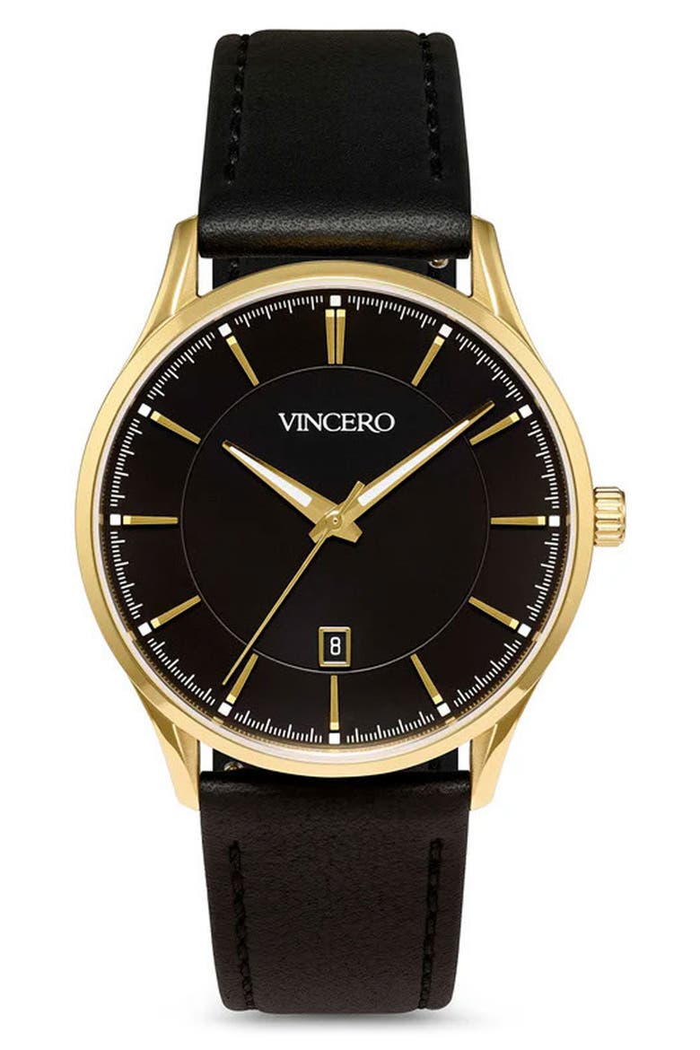 Kairos Leather Strap Watch, 38mm, Main, color, GOLD ONYX