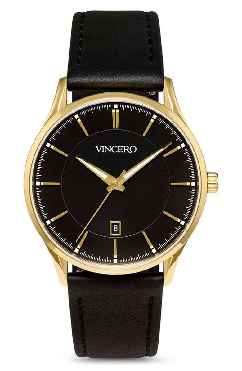 Vincero The Kairos II Leather Strap Watch, 38mm, Main, color, Gold Onyx